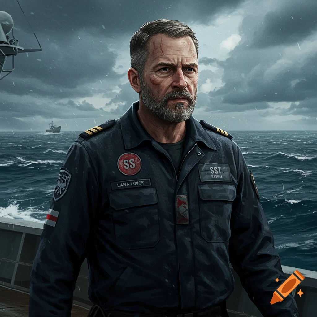 Realistic illustration of a man in uniform standing on a ship in a stormy ocean.