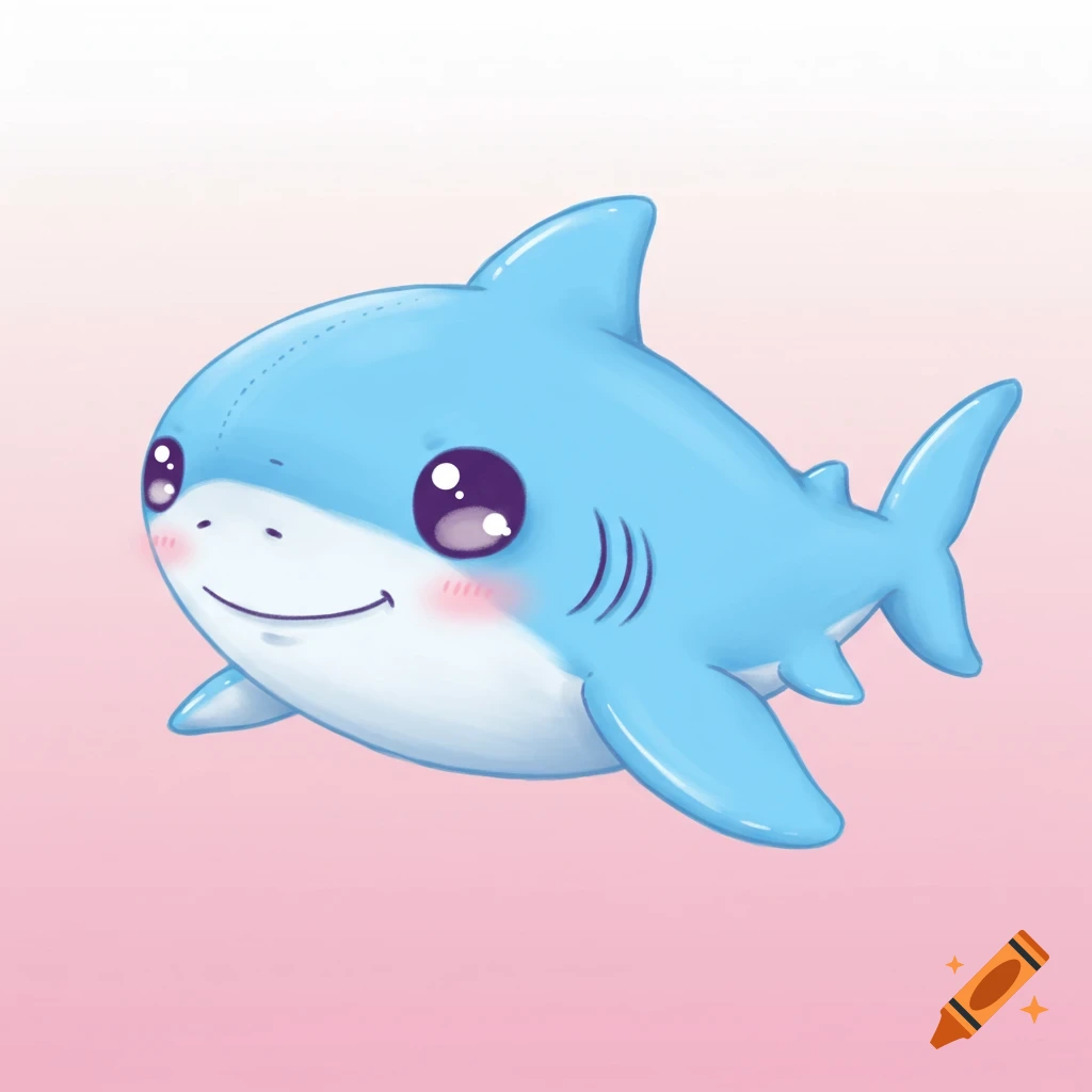A cute cartoon shark with big eyes and rosy cheeks on a pink background.