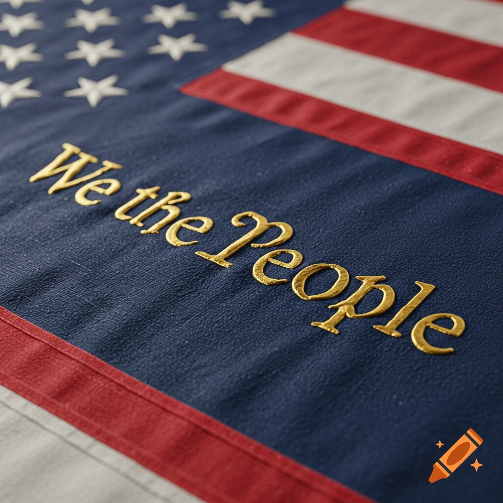 Close-up of an American flag with golden text "We the People" embossed on the blue field.