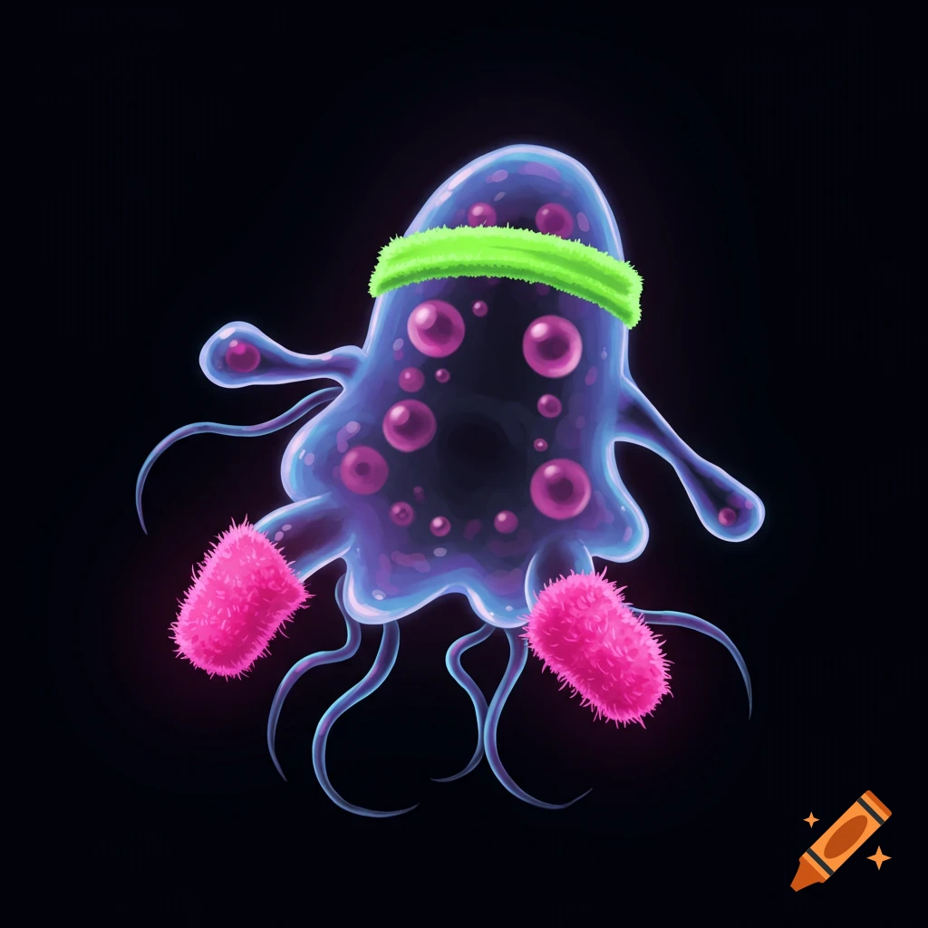Digital illustration of a purple and blue amoeba wearing a green headband and pink fuzzy leg warmers on a dark background.