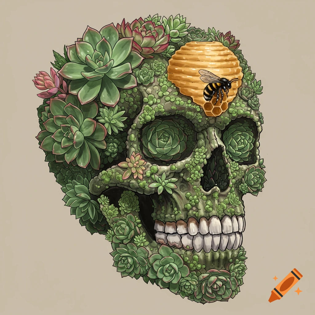 Illustration of a skull covered in green succulents, with a bee and honeycomb on its head.