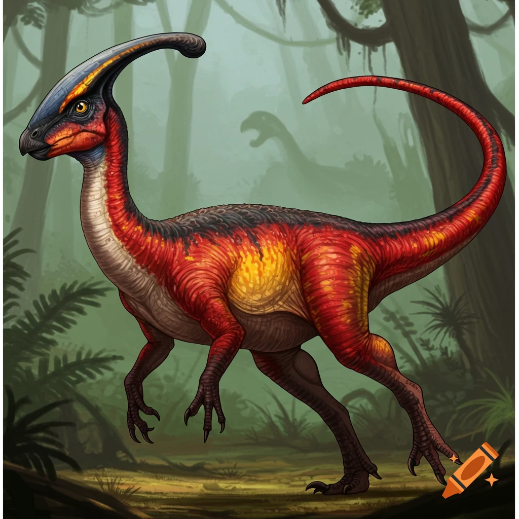 Illustration of a red and yellow crested dinosaur in a jungle.