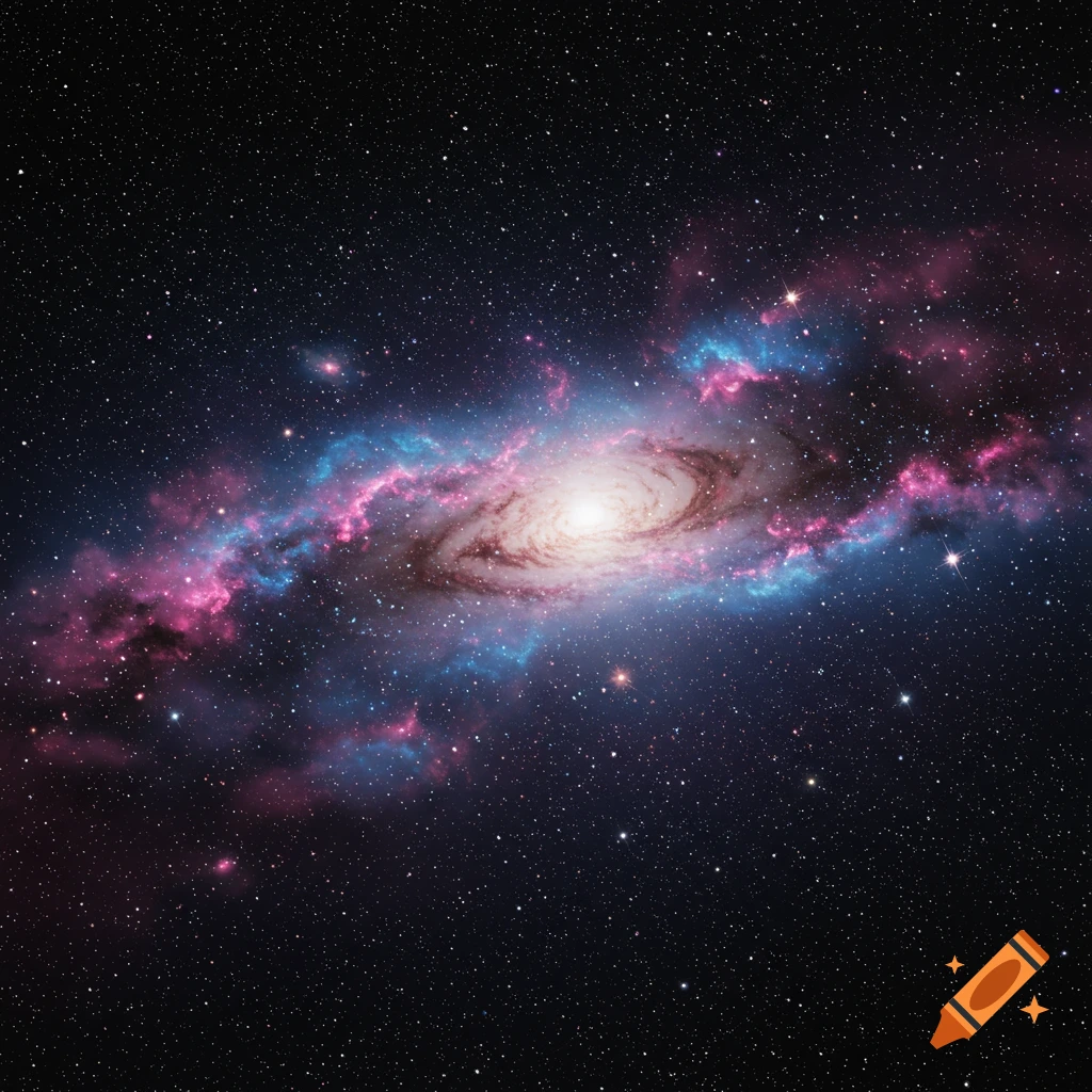A vibrant spiral galaxy with pink and blue gas clouds against a dark starry background.