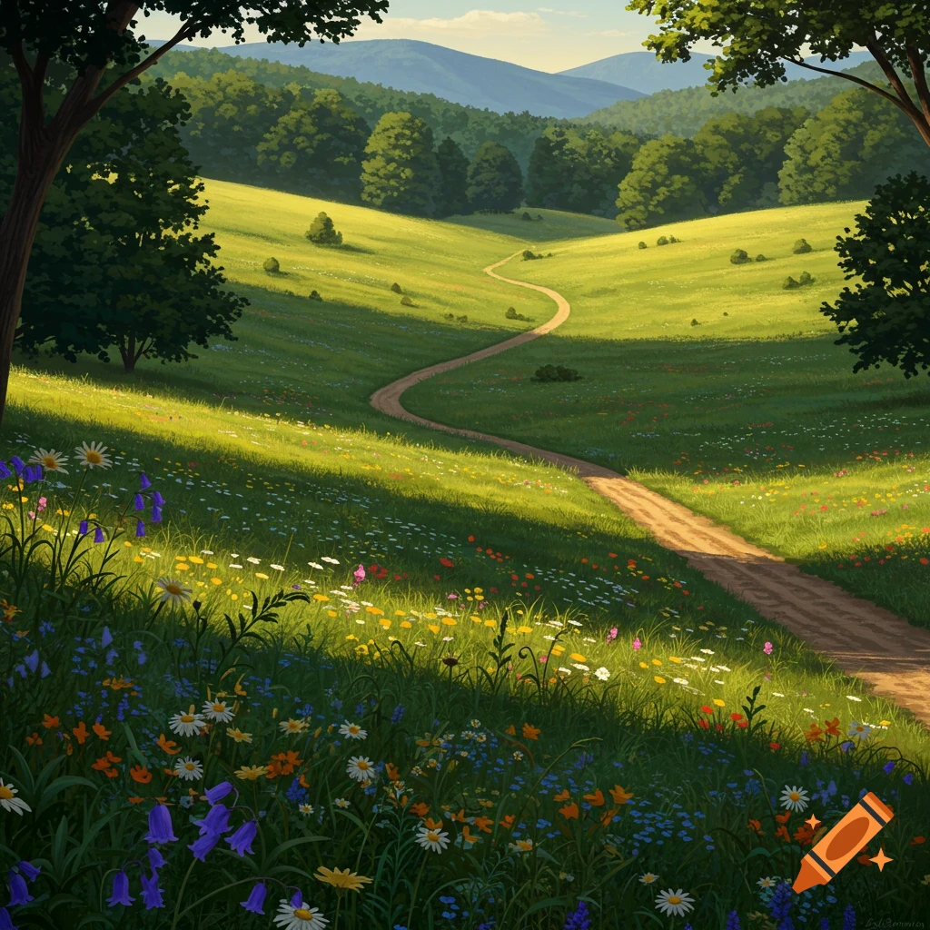 Painterly scene of a sunny meadow with a winding path, rolling hills, trees, and wildflowers.