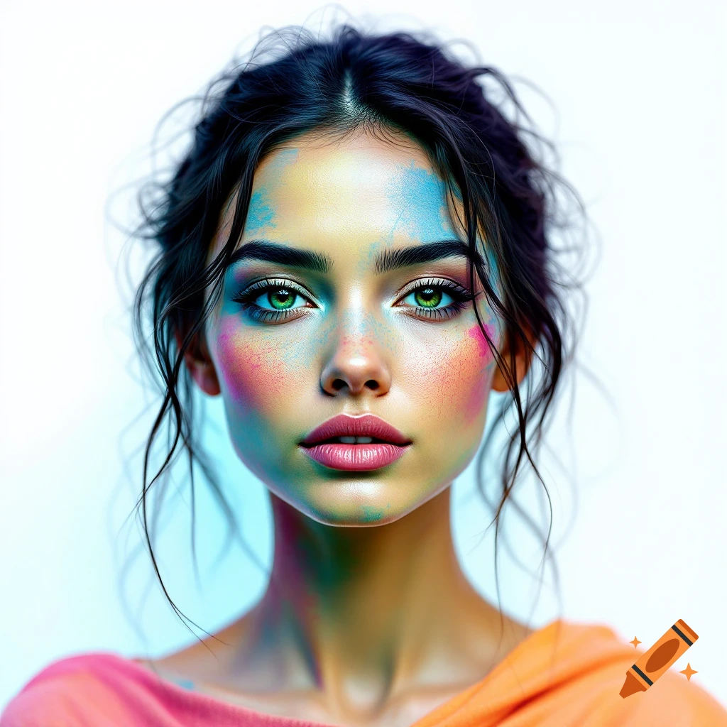 Close-up portrait of a woman with green eyes and colorful abstract makeup