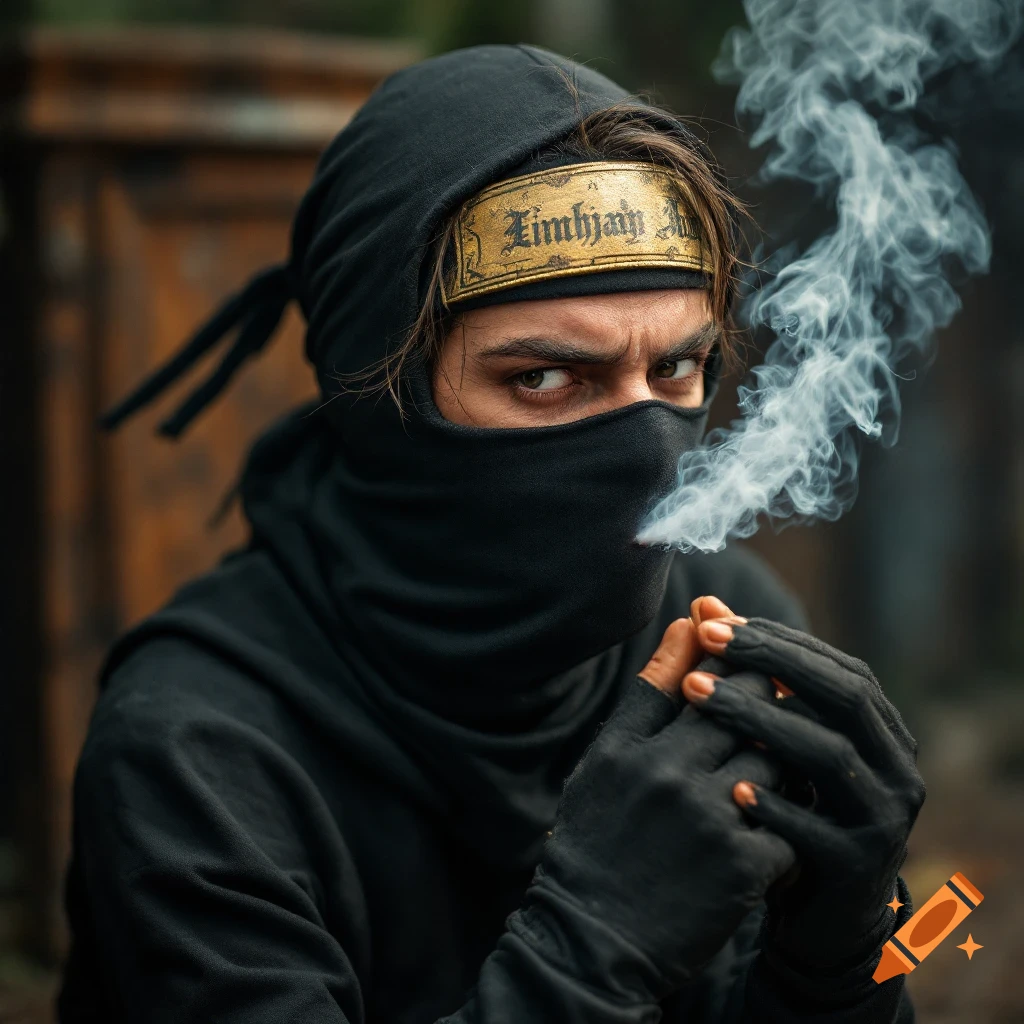 Photorealistic portrait of a masked person in black clothing and headband, with smoke near their face.