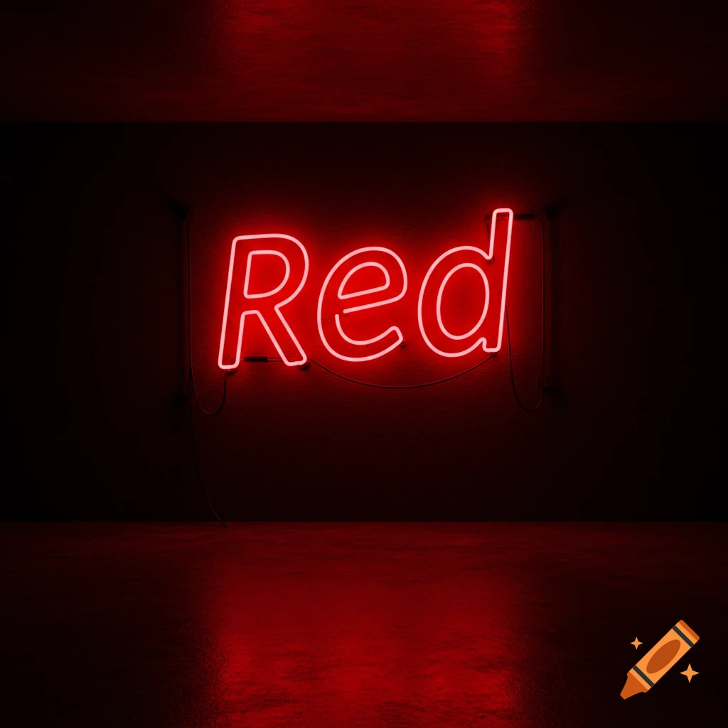 Red neon sign spelling 'Red' in a dark room with floor reflection.