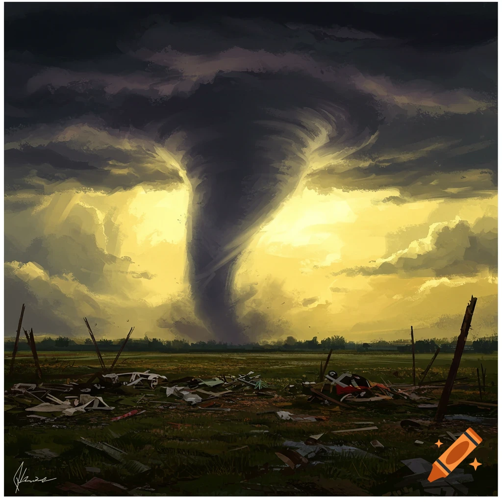 A large tornado over a debris-strewn field under a stormy yellow sky.