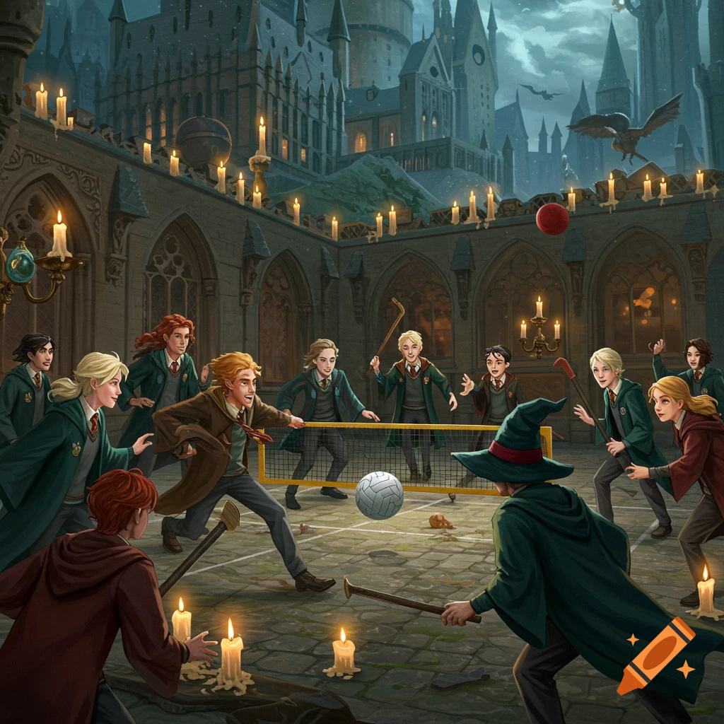 Wizards play a game resembling Spikeball in a Hogwarts courtyard at night, lit by candles, in a detailed illustration.