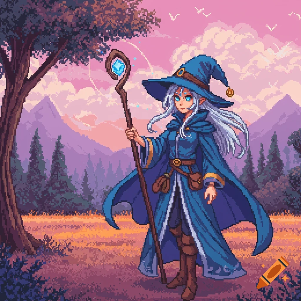 Pixel art of a mage holding a staff in a fantasy landscape.