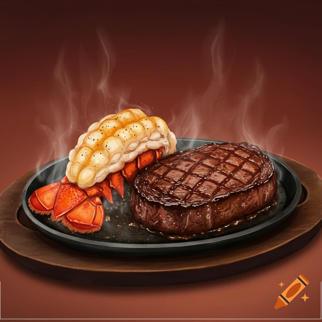 Sizzling steak and lobster tail on a cast iron plate. Illustration style.
