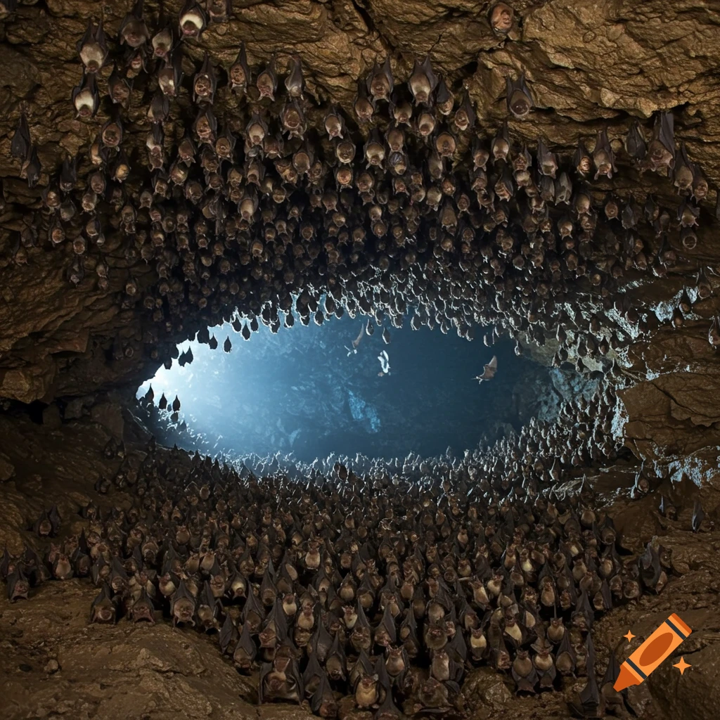Hundreds of bats hanging from the ceiling and walls of a cave with light coming from the entrance.