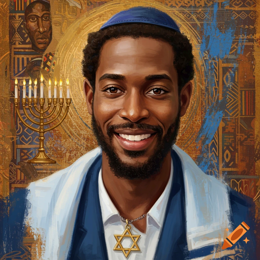 Smiling African American man with kippah, tallit, and Star of David pendant, against a background with menorah.