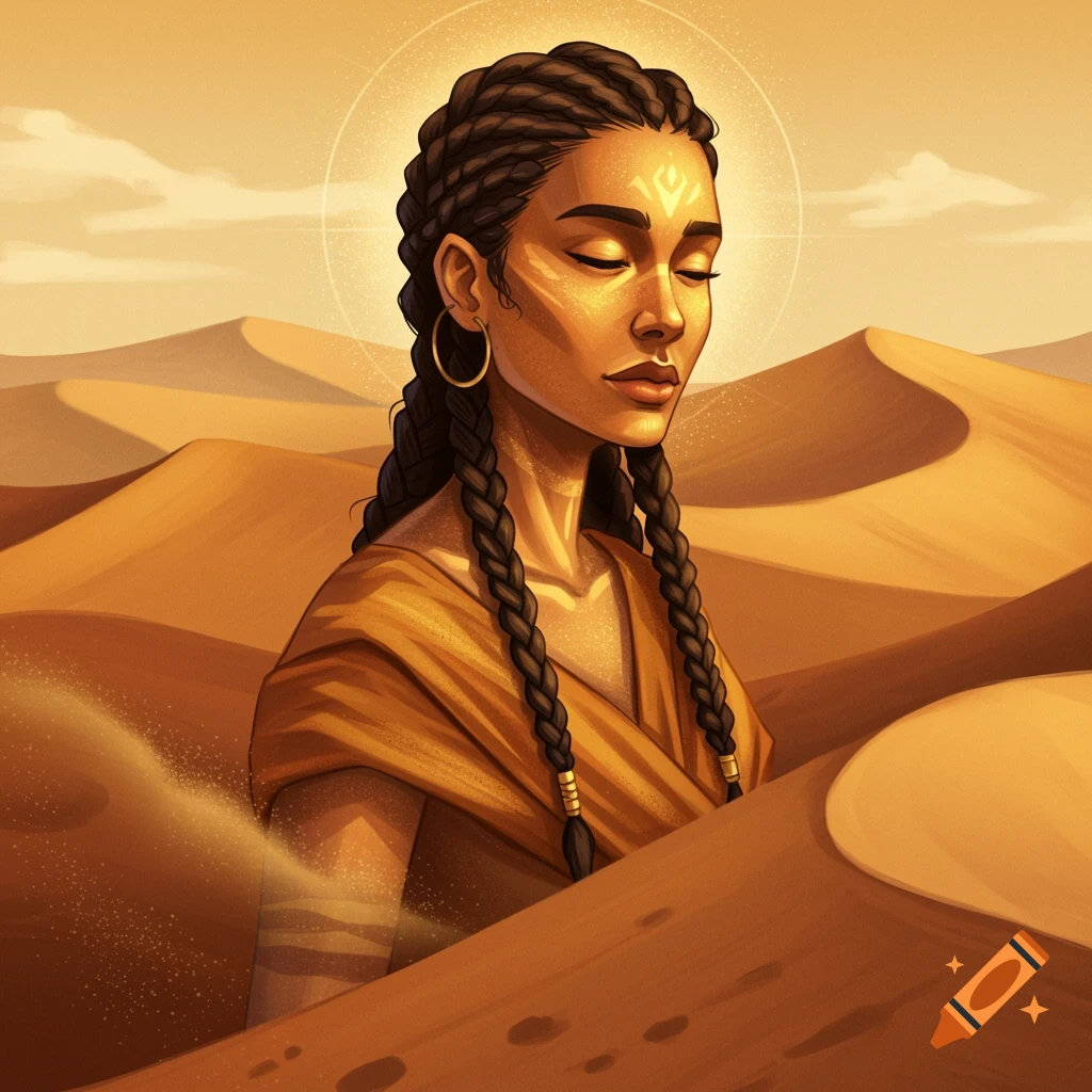 Fantasy portrait of a woman with braids in a desert with a golden glow