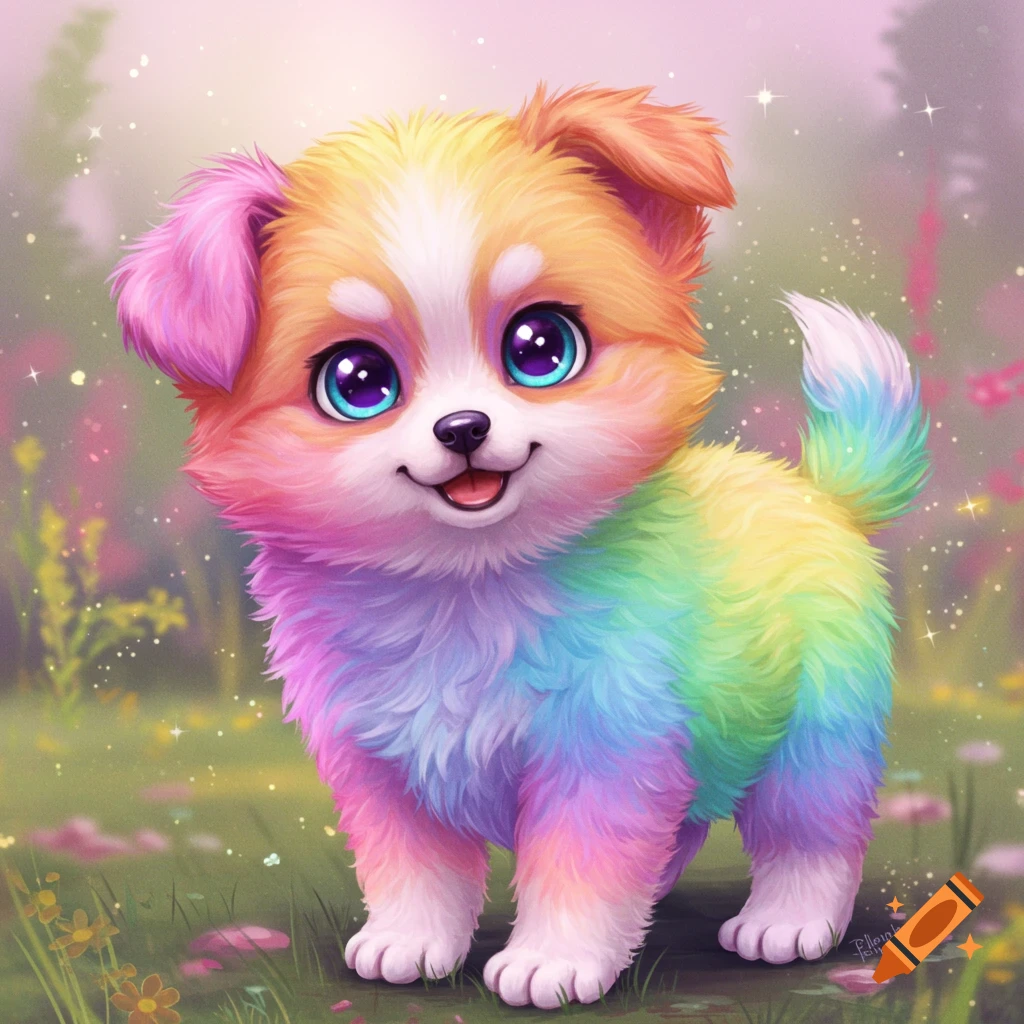 A cute, fluffy rainbow puppy stands in a sparkling field.