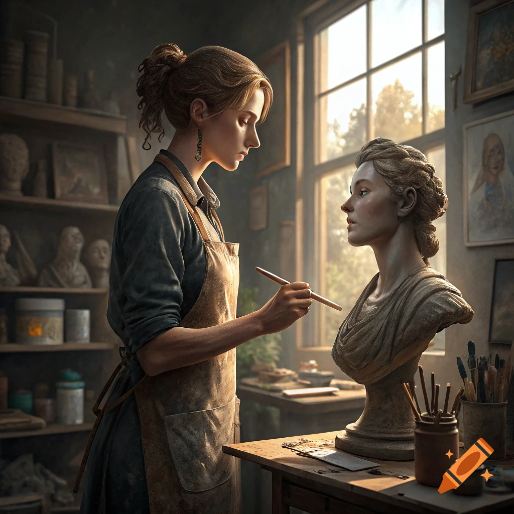 A woman sculpts a bust of herself in an art studio.