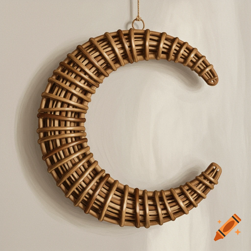 A crescent moon shaped wreath made of rattan hangs against a wall.