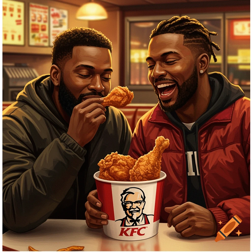 Two Black men smiling while eating KFC in a restaurant.