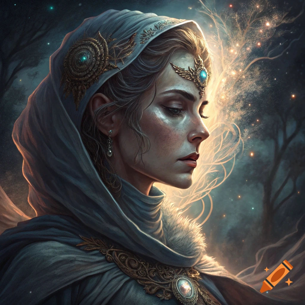 Fantasy portrait of a woman in profile, wearing a hooded cloak and elaborate headpiece, with dramatic lighting and glowing effects.