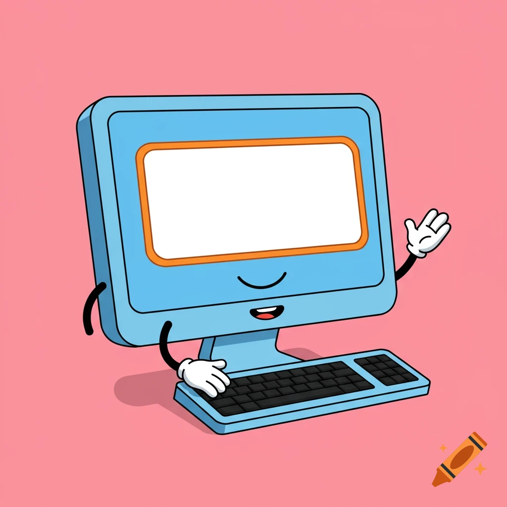 A cartoon computer character with a smile and hands waving.