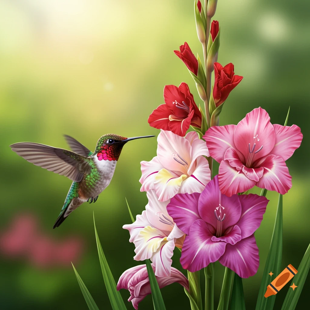 A hummingbird hovers near pink, red, and purple gladiolus flowers.