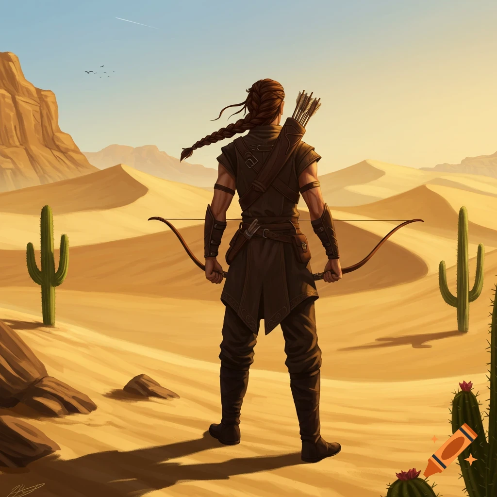 A fantasy archer in a desert holding a bow, looking out over sand dunes.