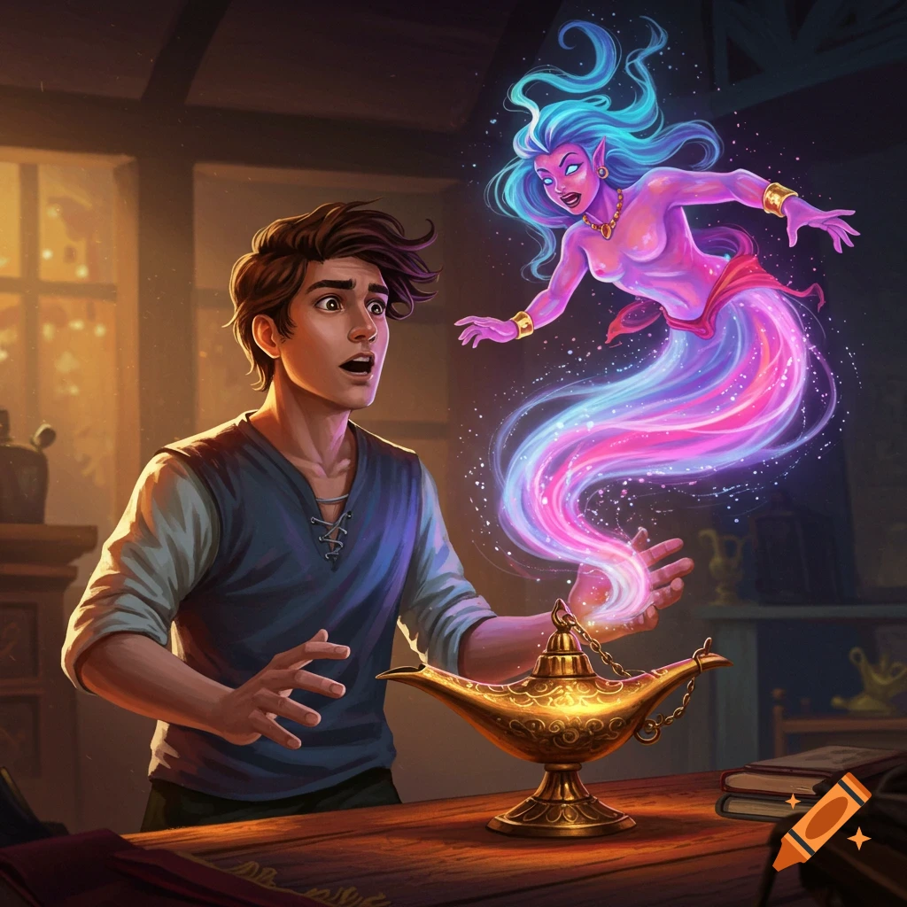 Illustration of a young man looking surprised as a glowing genie emerges from a magic lamp.