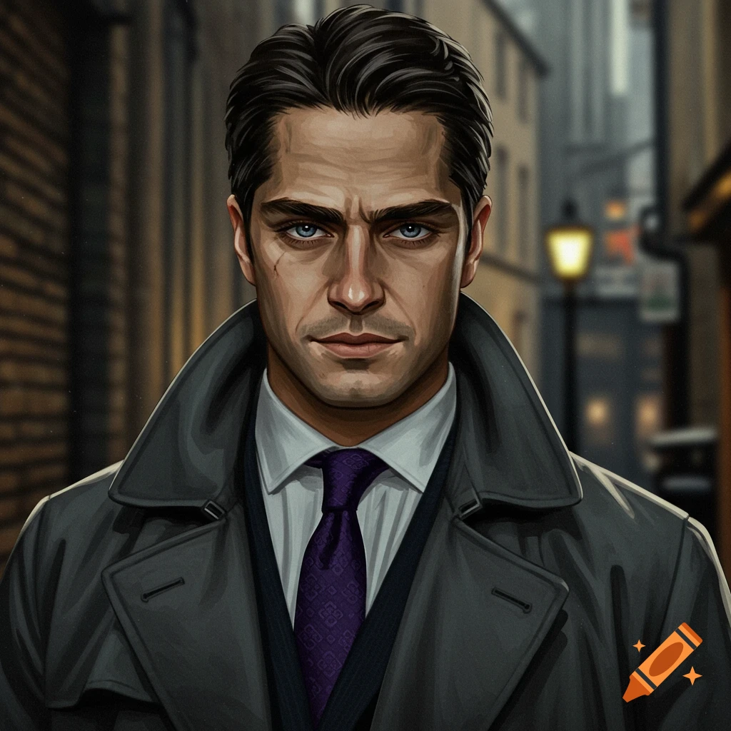 Stylized portrait of a man in a trench coat standing in a foggy city street.