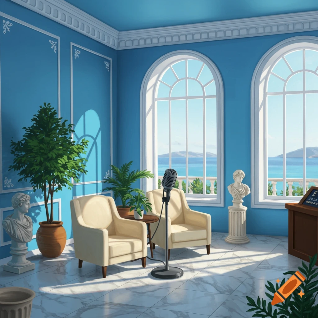 A podcast studio room with blue walls, large windows overlooking the sea, chairs, a microphone, and classical busts.