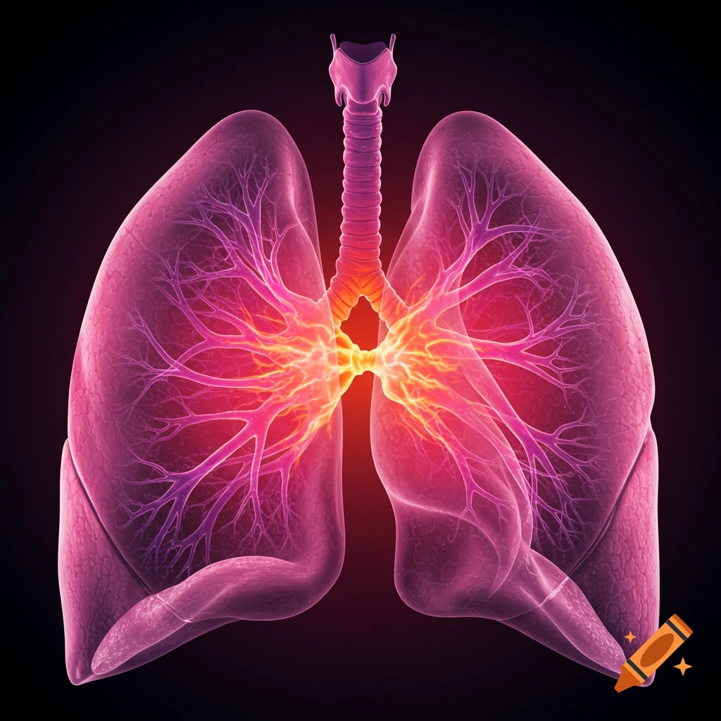 3D render of human lungs with trachea and glowing bronchial tubes