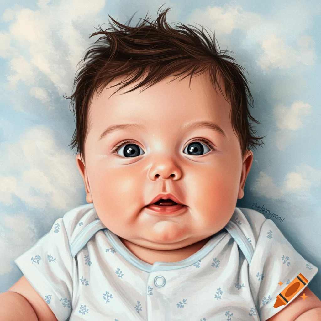Close-up illustration of a wide-eyed baby looking up, against a cloudy background.