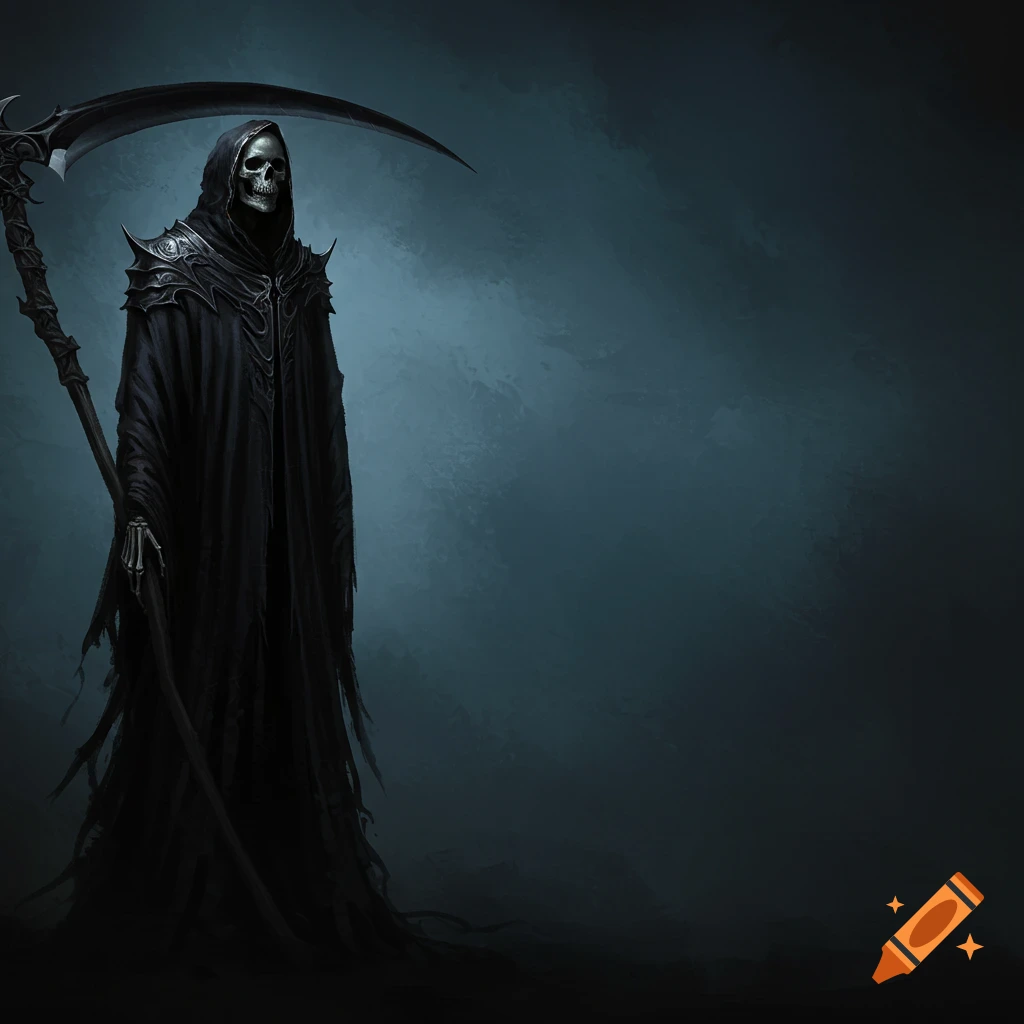 Grim Reaper standing on the left against a dark background.