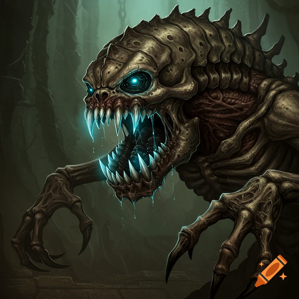 Grotesque monster with glowing eyes and dripping fangs in a dark cave.