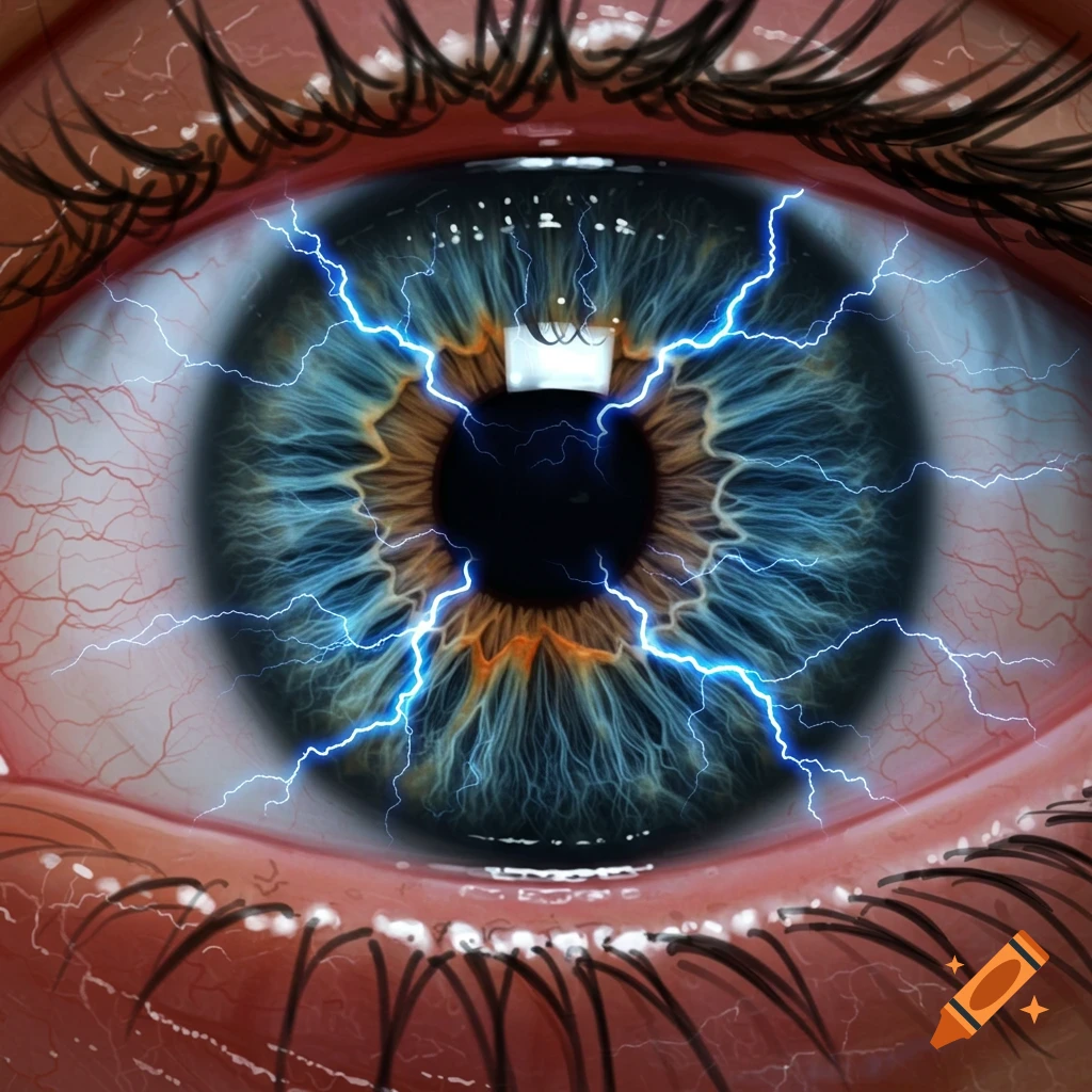 Close-up of a blue and brown eye with lightning emanating from the pupil.