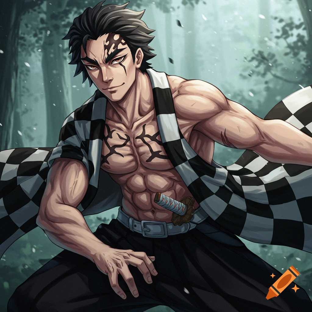 Anime image of a muscular male character in a checkered haori with markings on his face and chest, standing in a forest.
