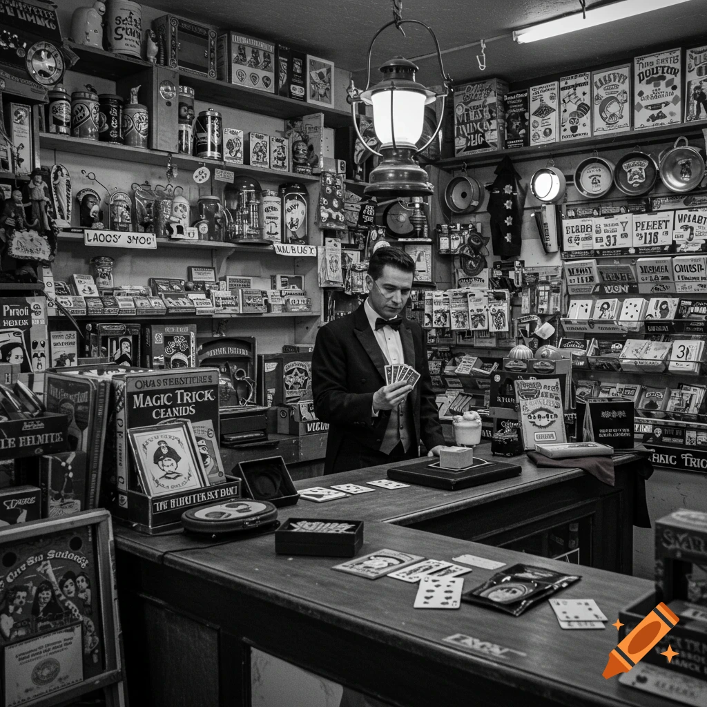 Black and white photo of a man in a tuxedo holding cards in a vintage magic shop filled with merchandise.