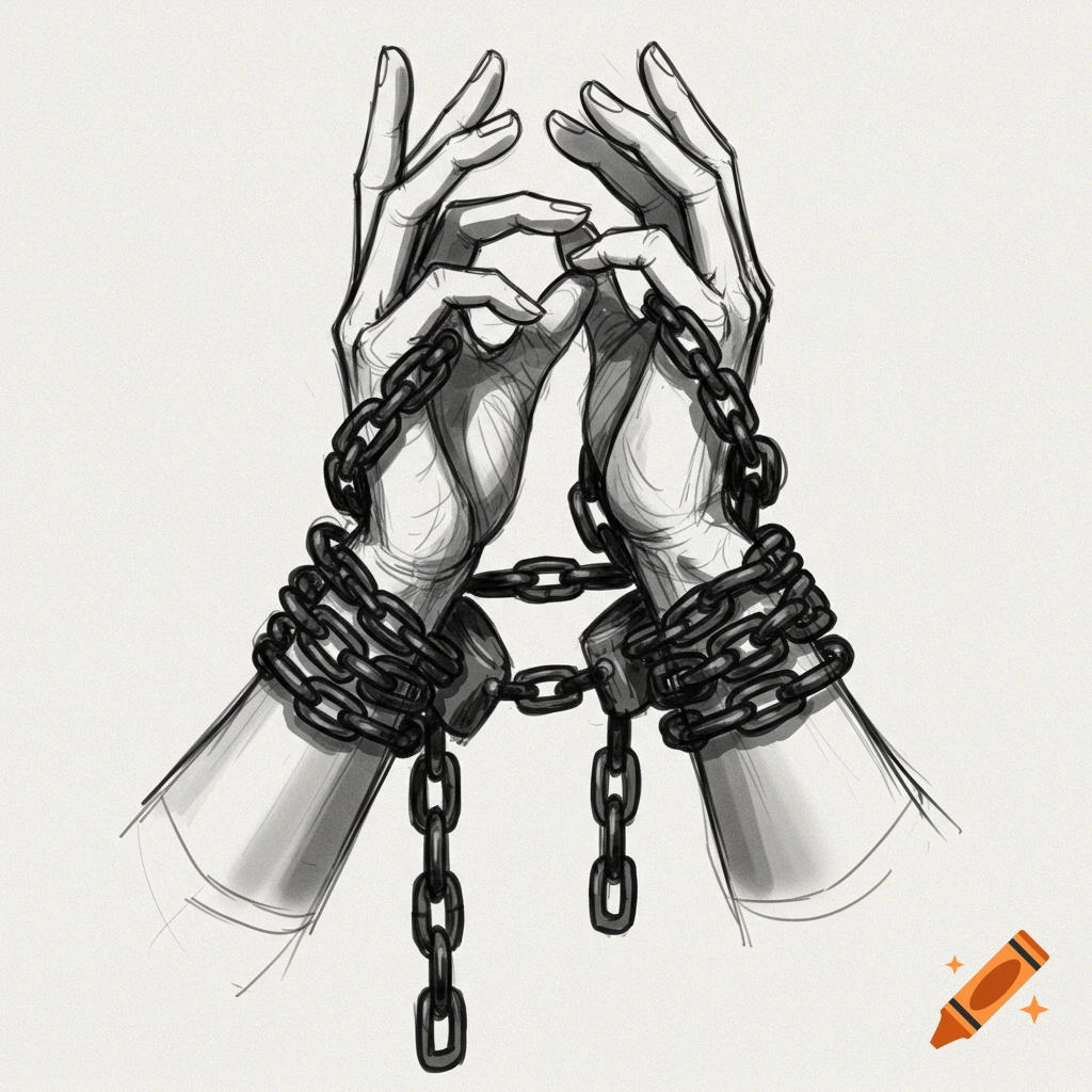 Pencil sketch drawing of a pair of hands wrapped in chains.