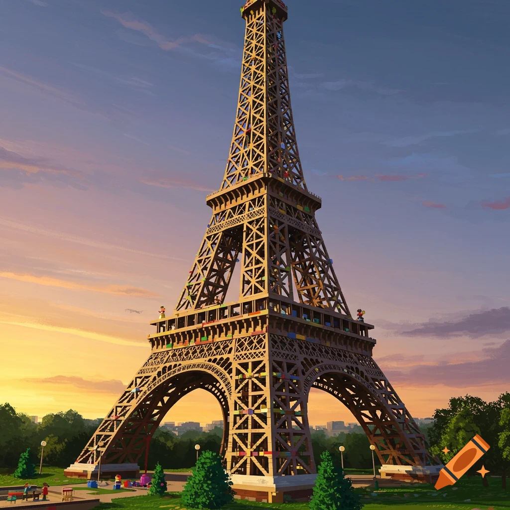 Eiffel Tower made of Lego bricks at sunset in a park with small figures.