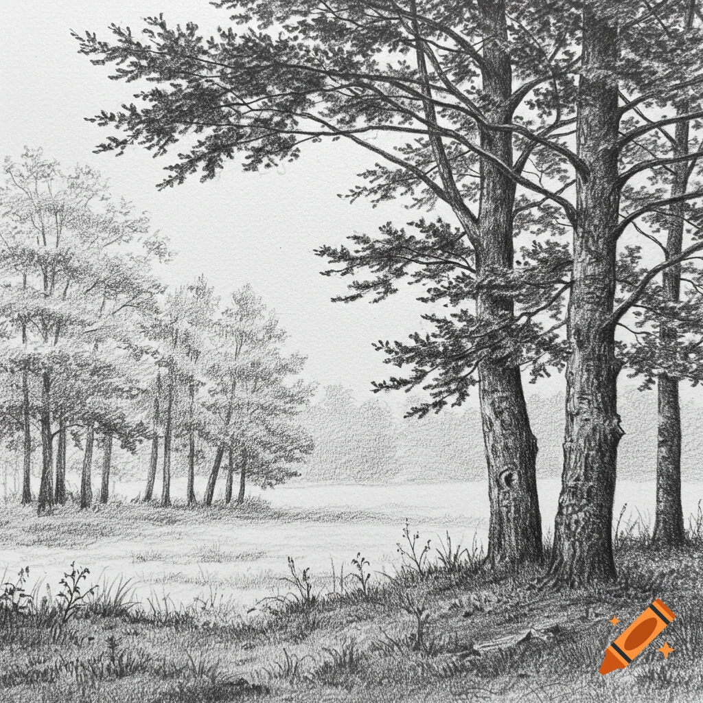 A detailed pencil sketch of a treeline, grassland, and clear sky.