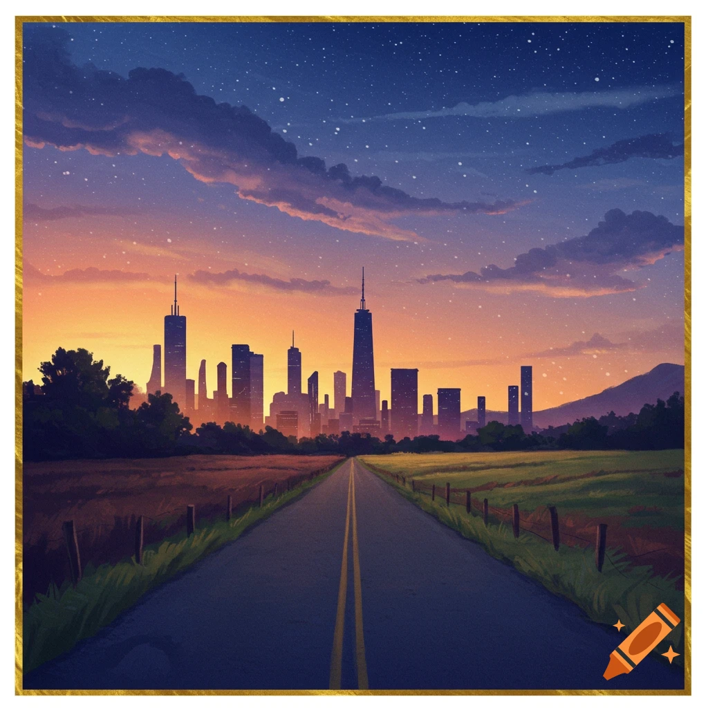Illustration of a road leading to a city skyline at sunset under a starry, cloudy sky, with fields on either side.