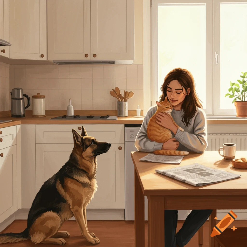 A person holds an orange cat while a German Shepherd sits nearby in a kitchen.