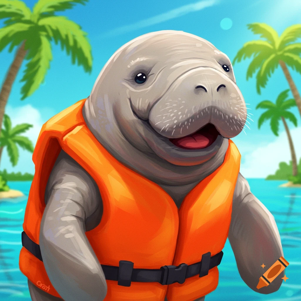 Cartoon illustration of a smiling manatee wearing an orange life jacket in tropical water with palm trees.