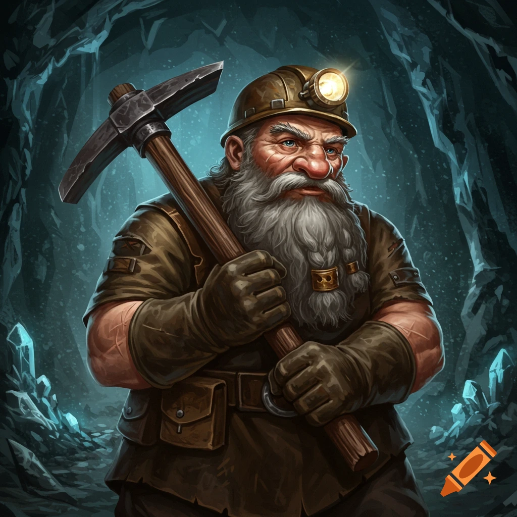 Portrait of an old dwarf miner holding a pickaxe in a dark cave.