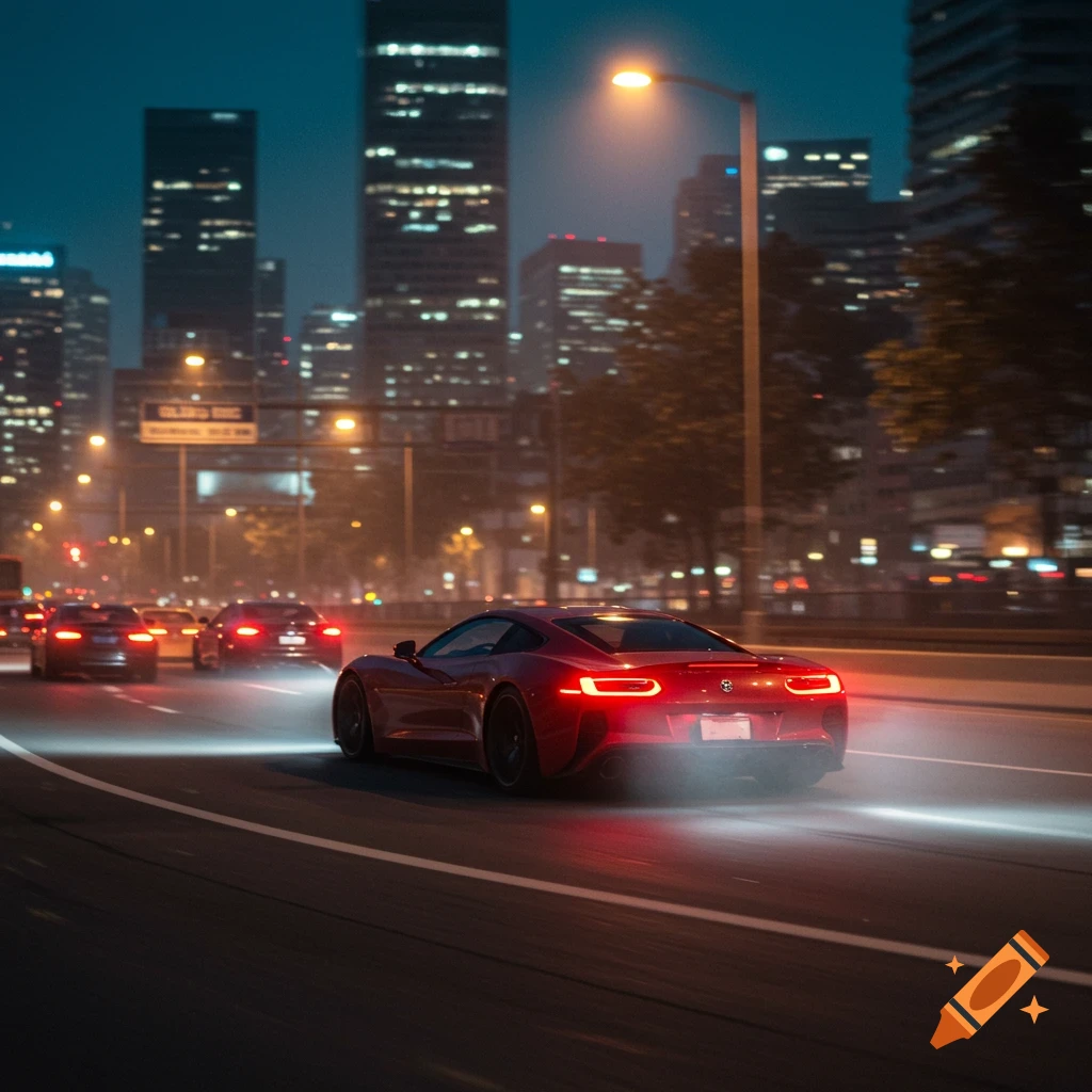 Rear view of a red sports car driving on a city road at night with motion blur and traffic in the background.