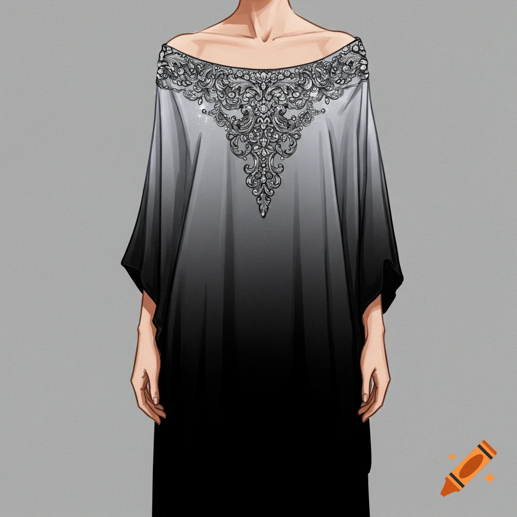 A person models a black and grey gradient off-the-shoulder dress with silver embellishments on the neckline.