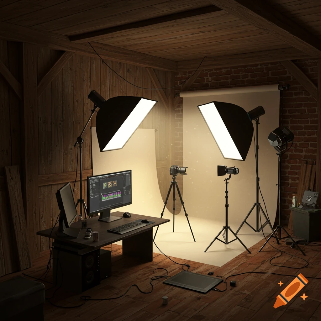 A photo studio setup with lights, cameras, a computer with editing software, and a graphic tablet, in a space with wooden beams and brick.