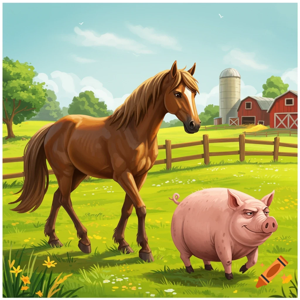 An illustration of a brown horse and a pink pig walking on a farm with barns and a silo.