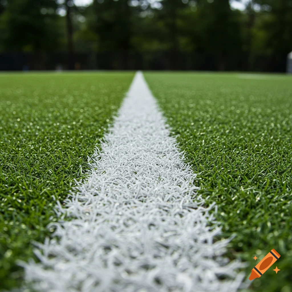Close-up view of a white line on a green sports field.