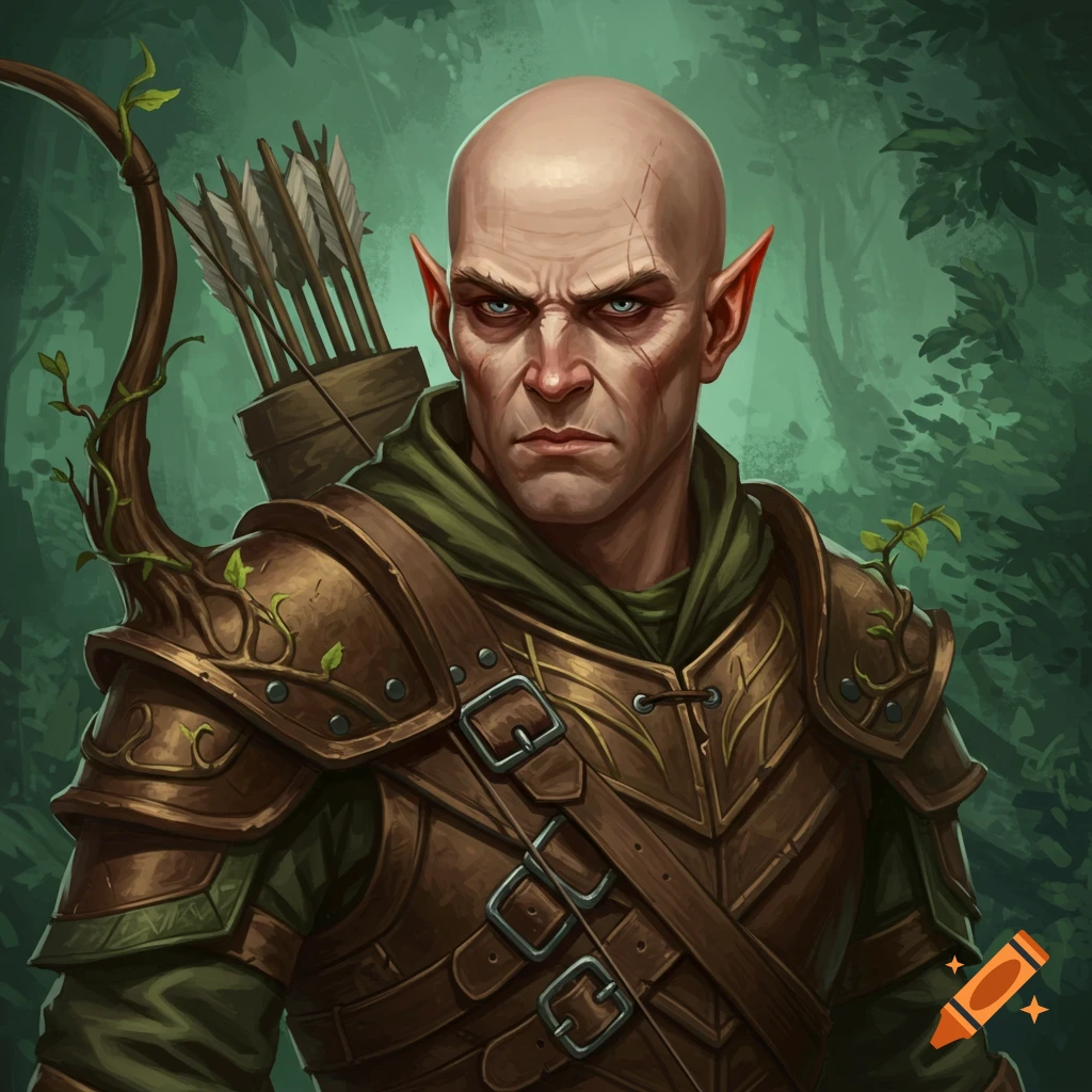Bald wood elf rogue in leather armor with a bow and quiver in a forest.