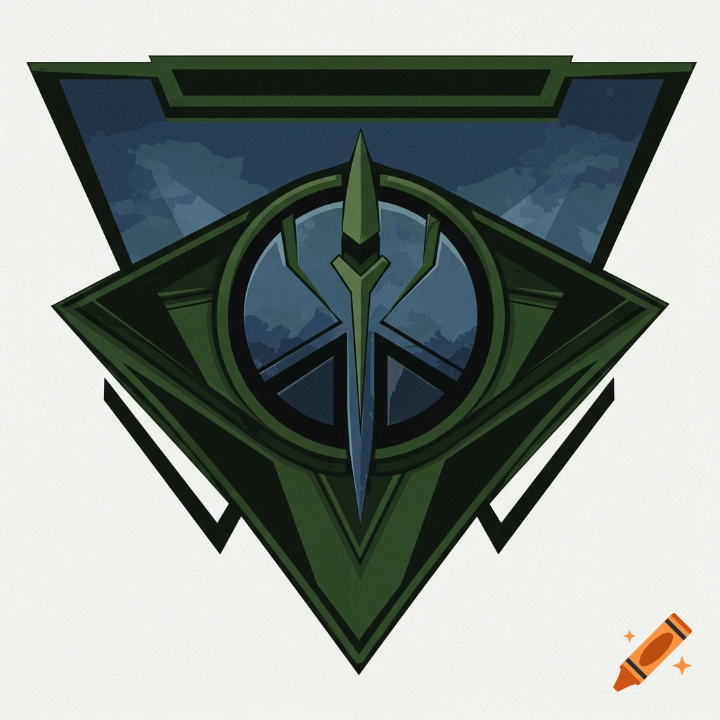 A stylized green and blue geometric logo emblem with a central spear or arrow shape within a circle.